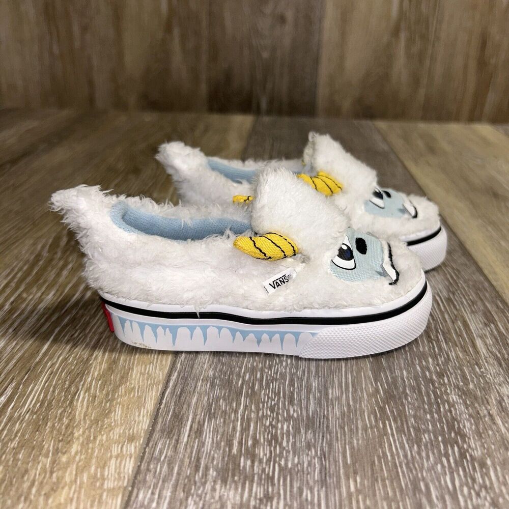 Vans Kids White Fuzzy Monster Slip-On Sneakers with Yellow Horns